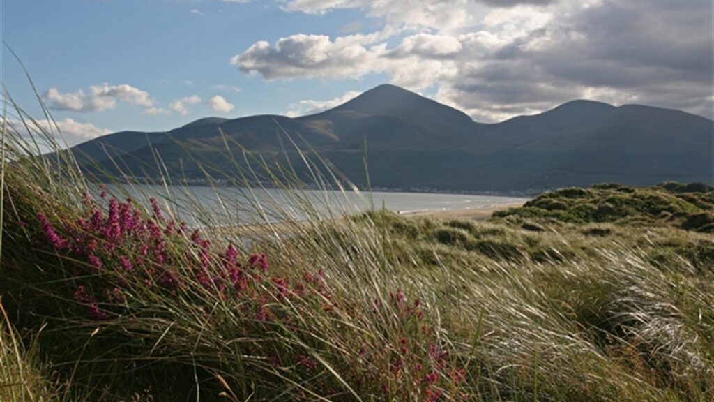 Fietsen langs de kust met uitzicht op de Mourne Mountains