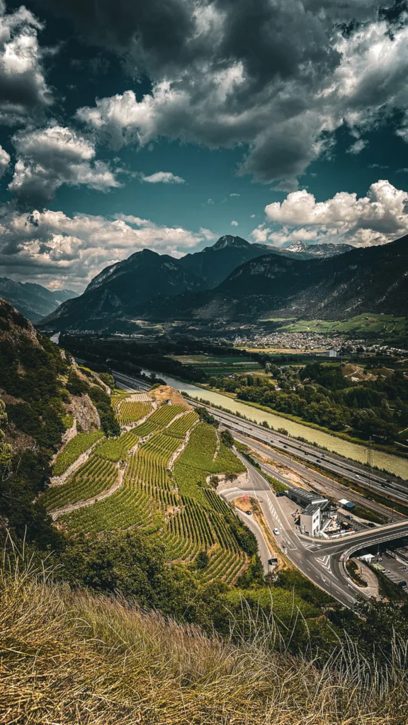 Fietsroute Crans-Montana , uitzicht, wijnranken, Fietsroute om Crans-Montana te ontdekken